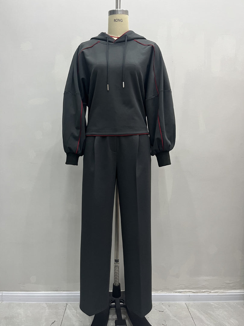 Dark Grey Color Block Hoodie Sweatshirt and Pant Set N6D101