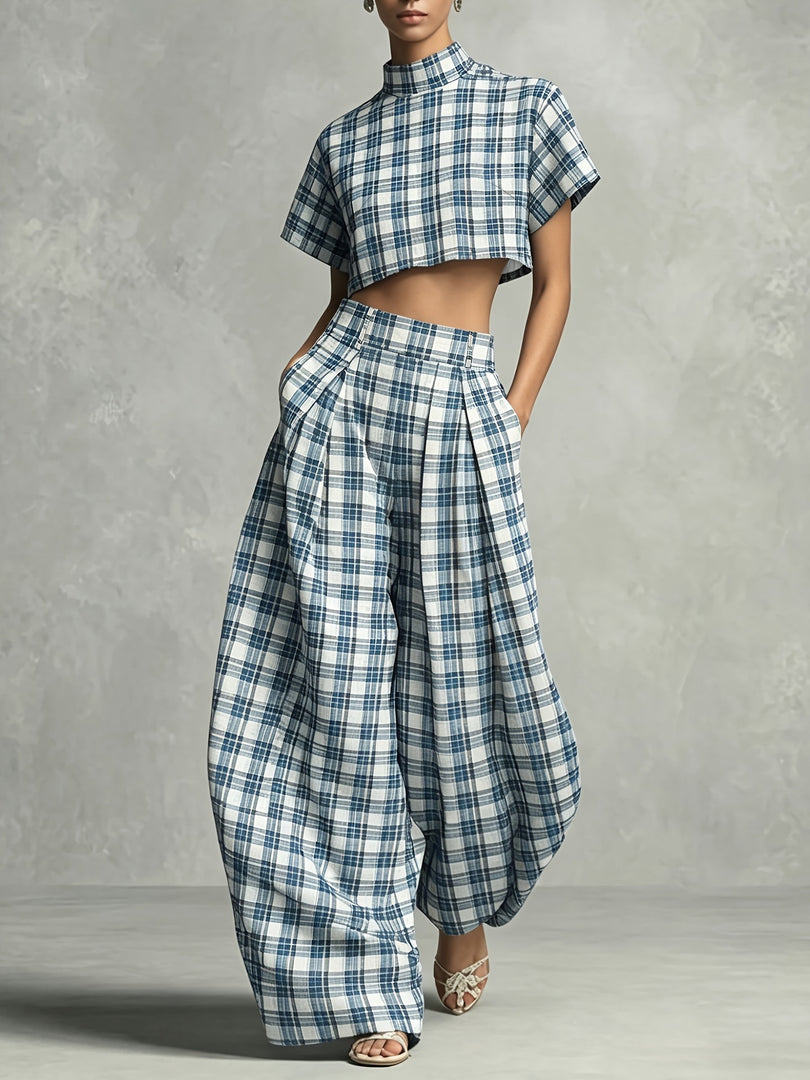 Check High Neck Crop Top and Wide Leg Pants Set  N6D105