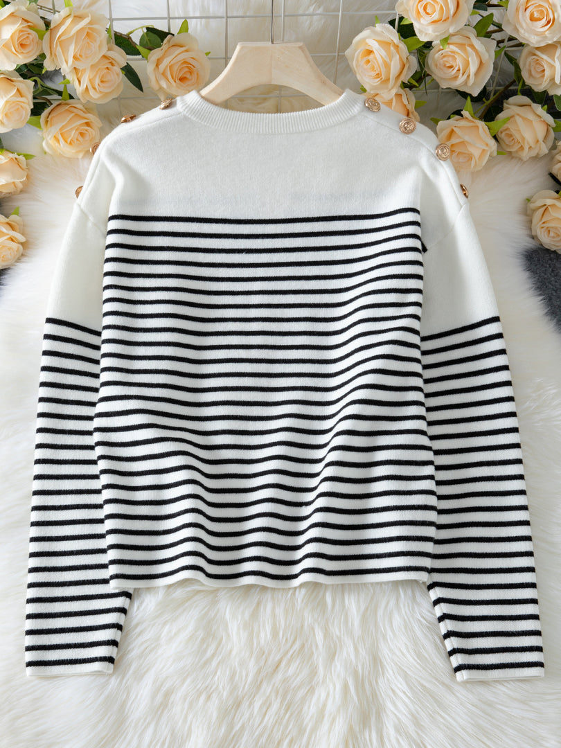 Striped V-Neck Shoulder Button Knit Sweater N6H263