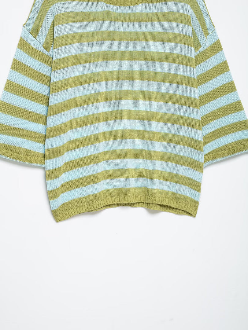 Casual Striped Knit Top Round Neck Cap Sleeve Women N6G149
