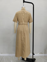 Load image into Gallery viewer, Khaki Short Sleeve Belted Shirt Dress Women N6F230