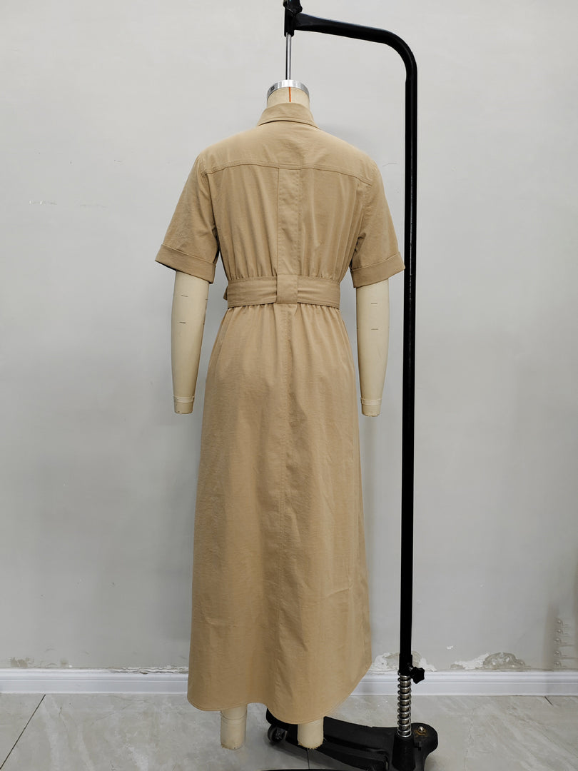 Khaki Short Sleeve Belted Shirt Dress Women N6F230