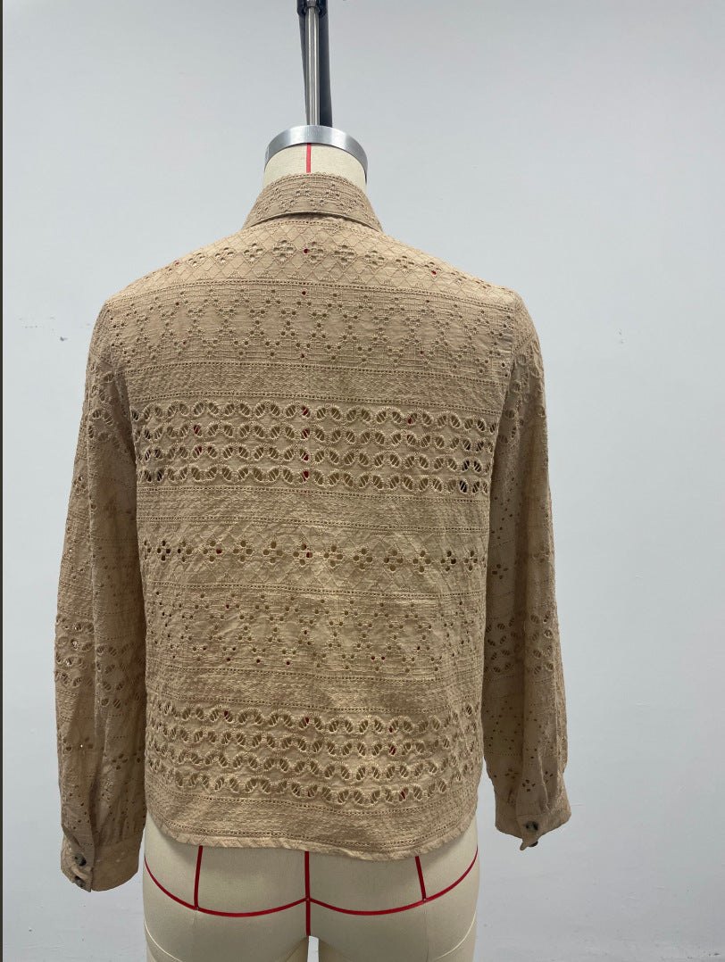 Beige Embroidered Eyelet Blouse Women N6D134