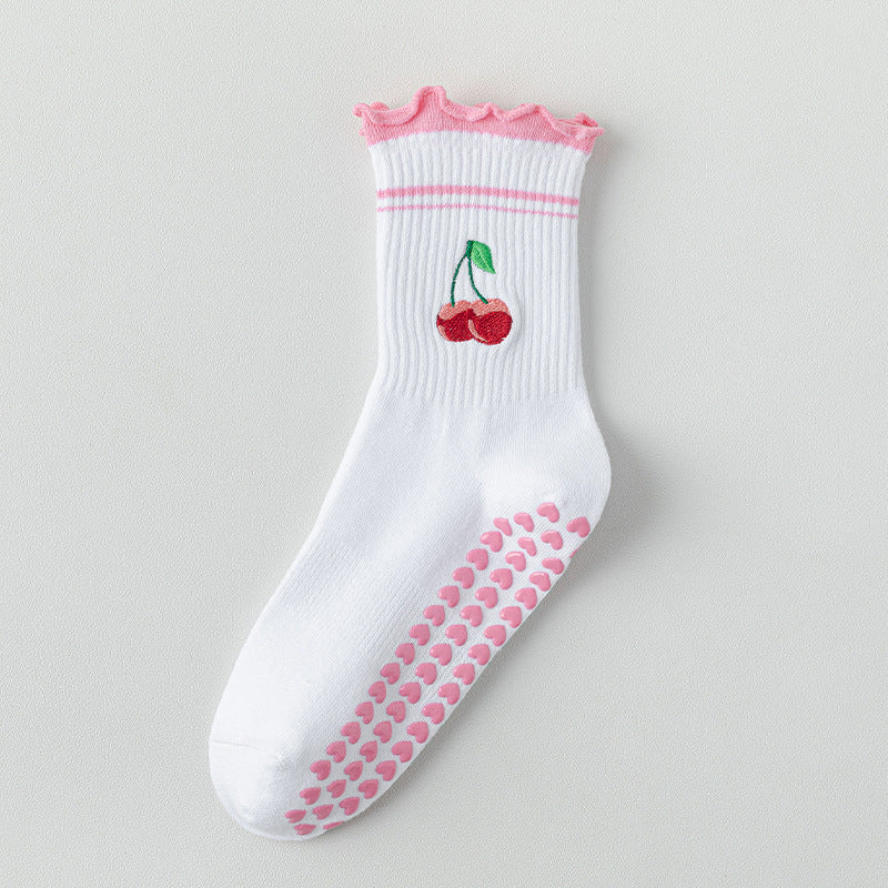 Cartoon Anti-Slip Yoga Socks Women White Mid-Calf N6H004