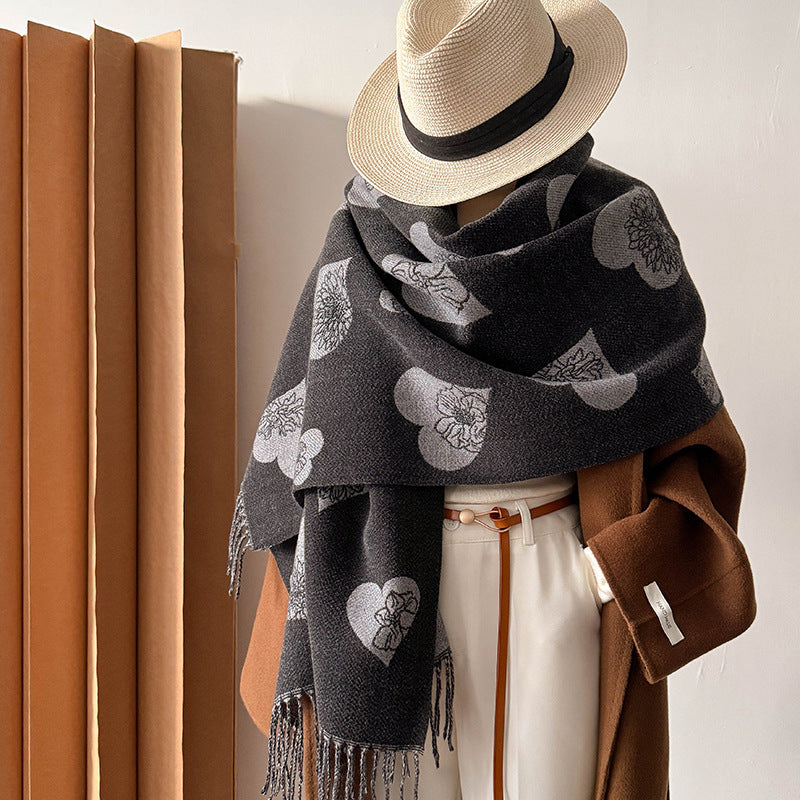 Double-Sided Jacquard Heart Flower Scarf Shawl Women N6H245