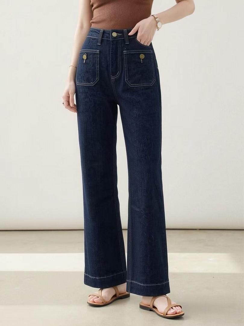 Button-Front Square Pocket Straight Leg Denim Jeans N6D165