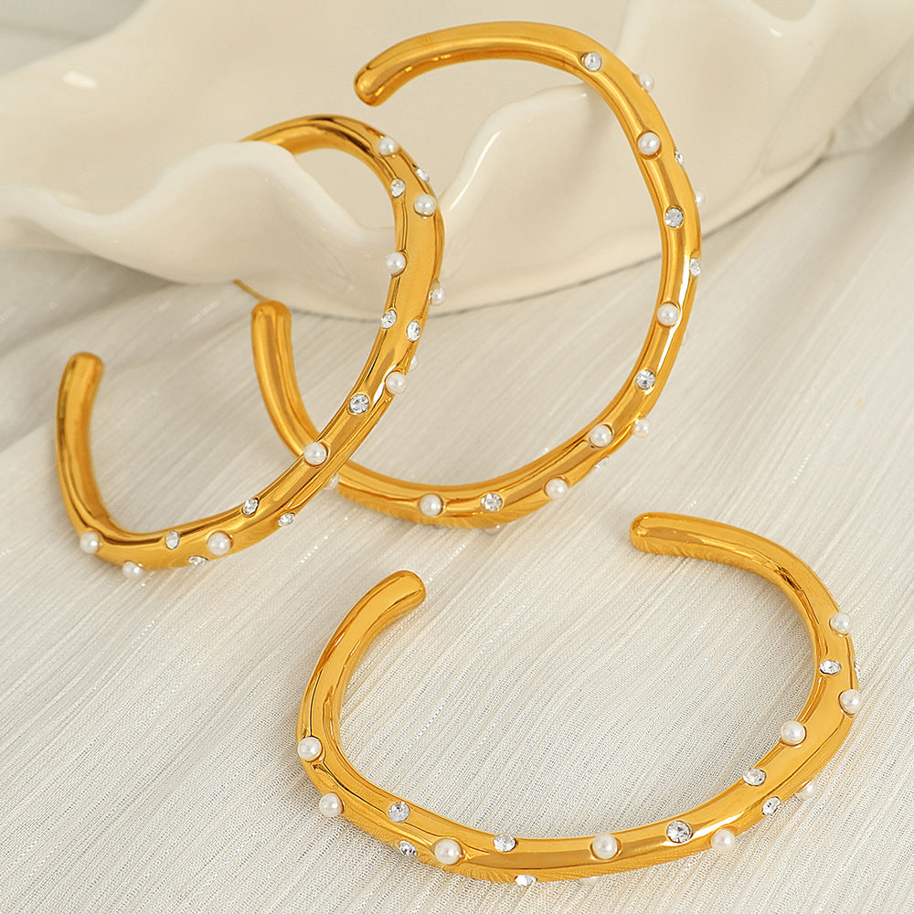 Pearl Bangle Titanium Steel 18K Plated Adjustable S5P083
