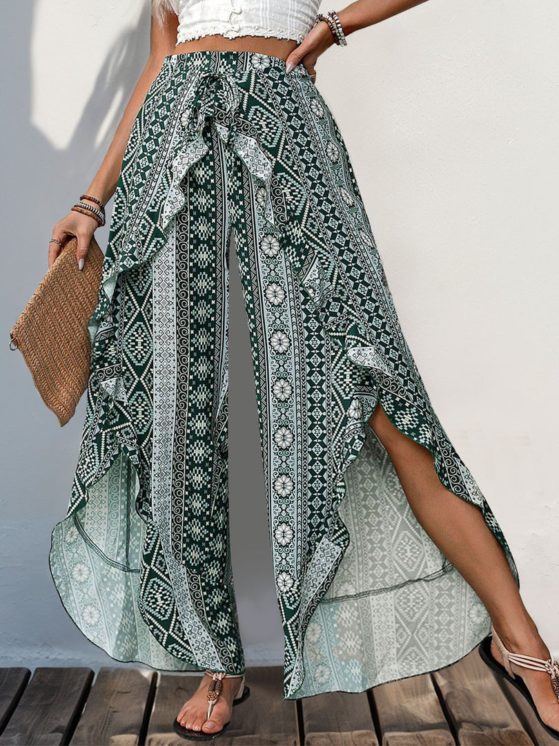 Boho Print Asymmetric Slit Wide Leg Pants Women N6C241