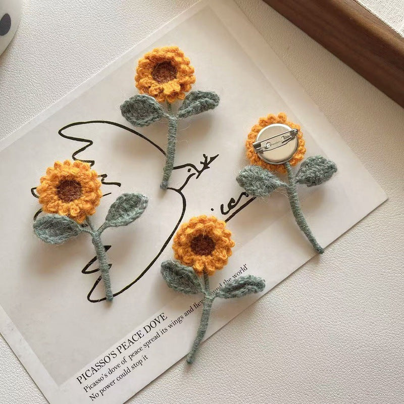 Hand Knit Sunflower Brooch Fabric Flower Pin N6G038
