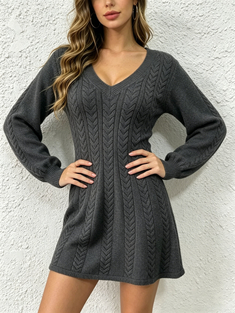 Sexy V-Neck Cable Knit Sweater Dress Short Women N6G280