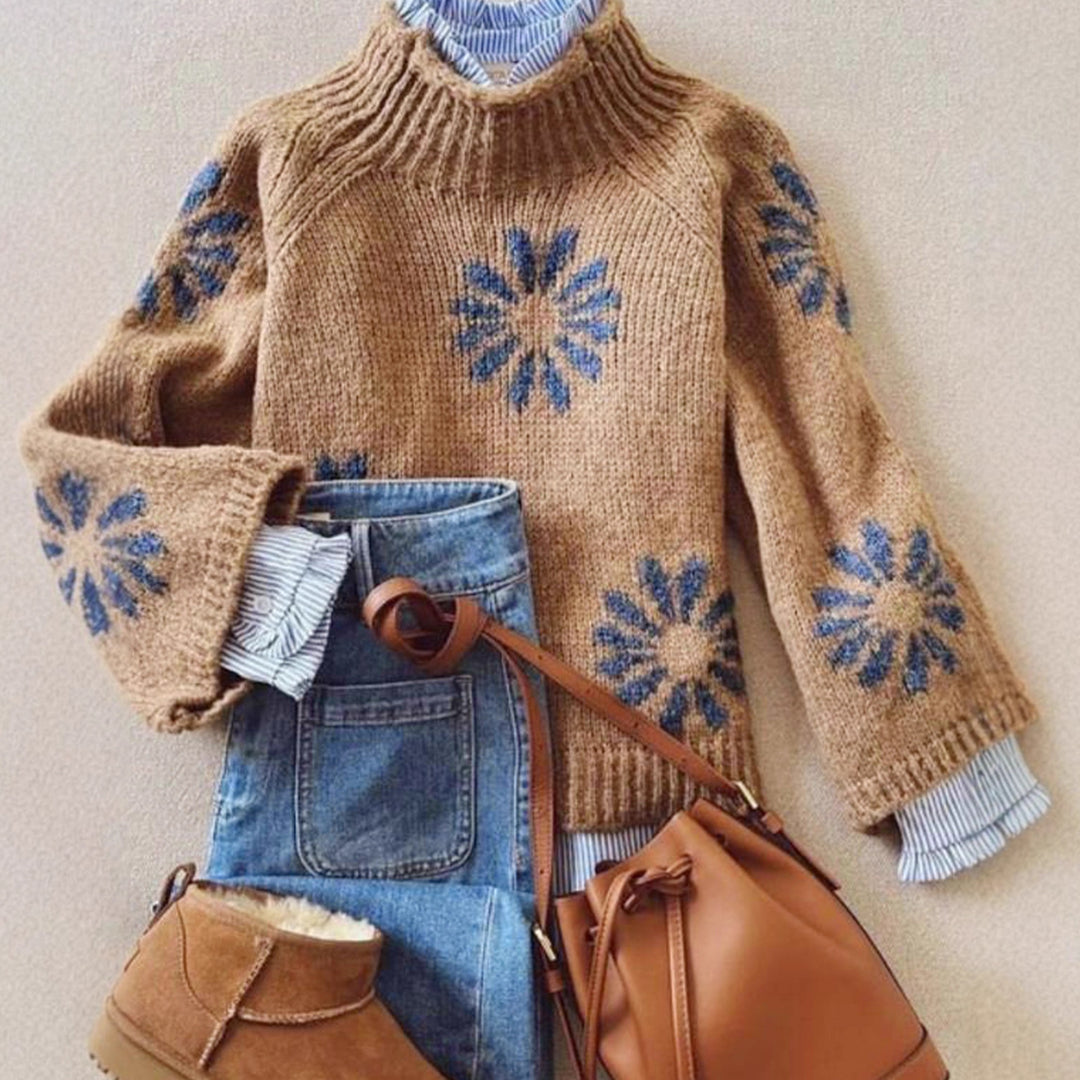 Khaki Floral Knit Sweater Women Ribbed Pattern N5A880