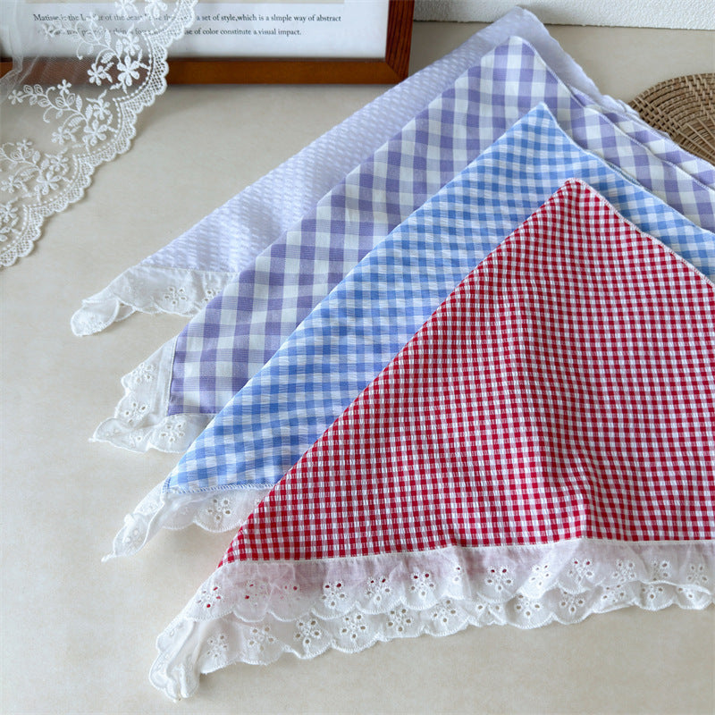 Large Lace Trim Plaid Triangle Head Scarf Women N6H133