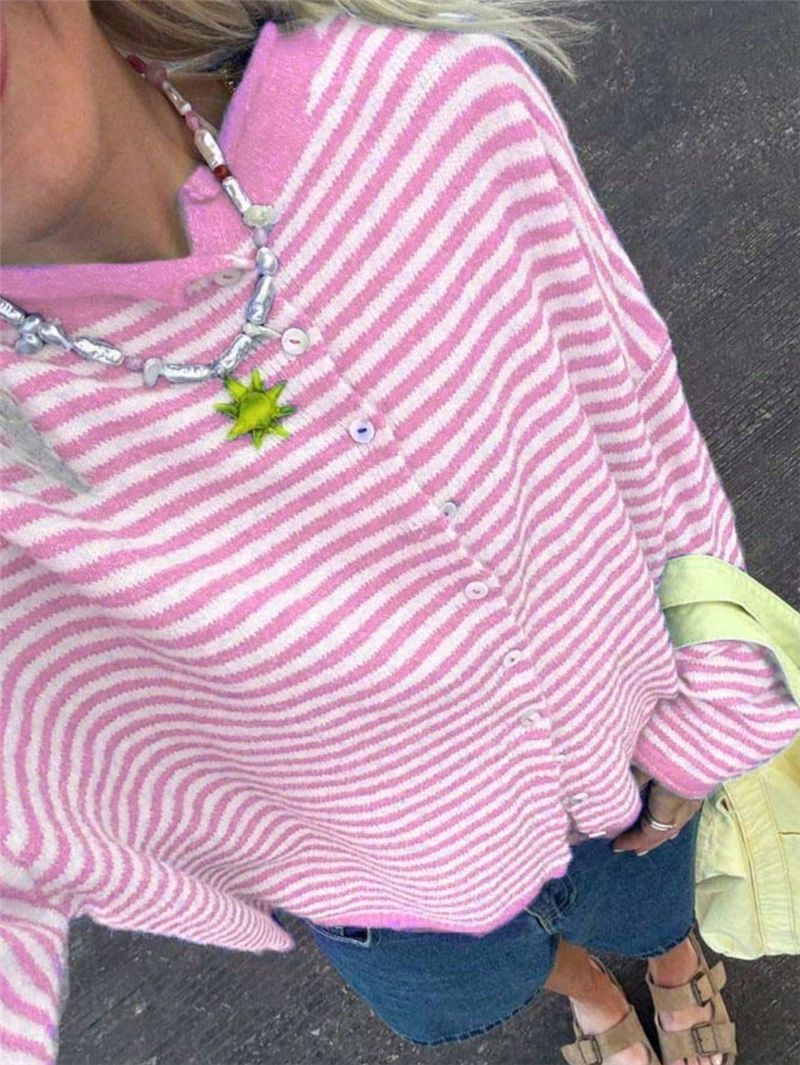 Street Style Striped Knit Cardigan Long Sleeve Women N6G286
