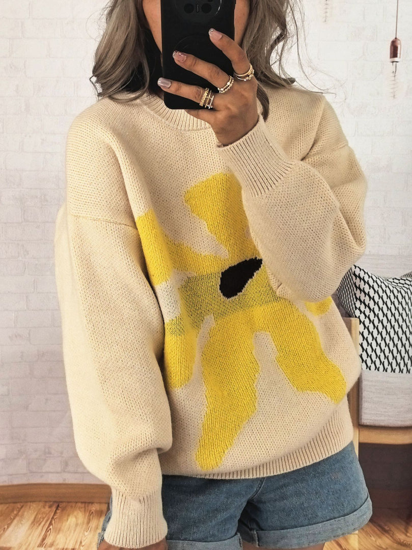 Floral Contrast Round Sweater Mid Heavy Options N5A220