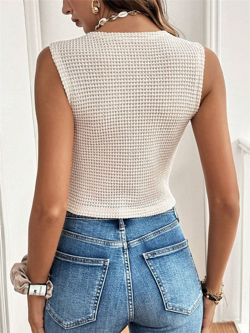 V Neck Button Front Sleeveless Vest Women N6C319