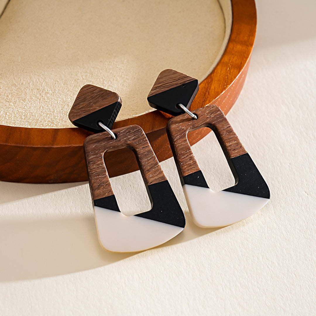 Vintage Resin Wood Geometric Steel Stud Earrings N6H100