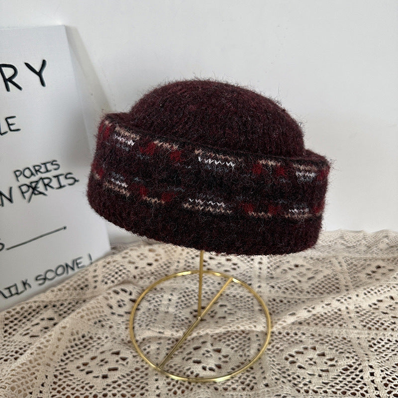 Fair Isle Jacquard Knit Pillbox Hat Women N6G212