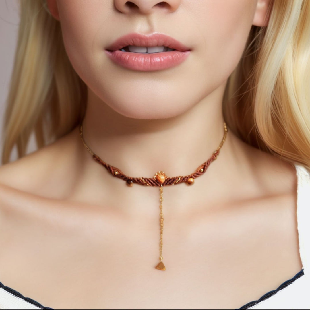 Tiger Eye Beaded Necklace Handwoven Drop Shape S5P197