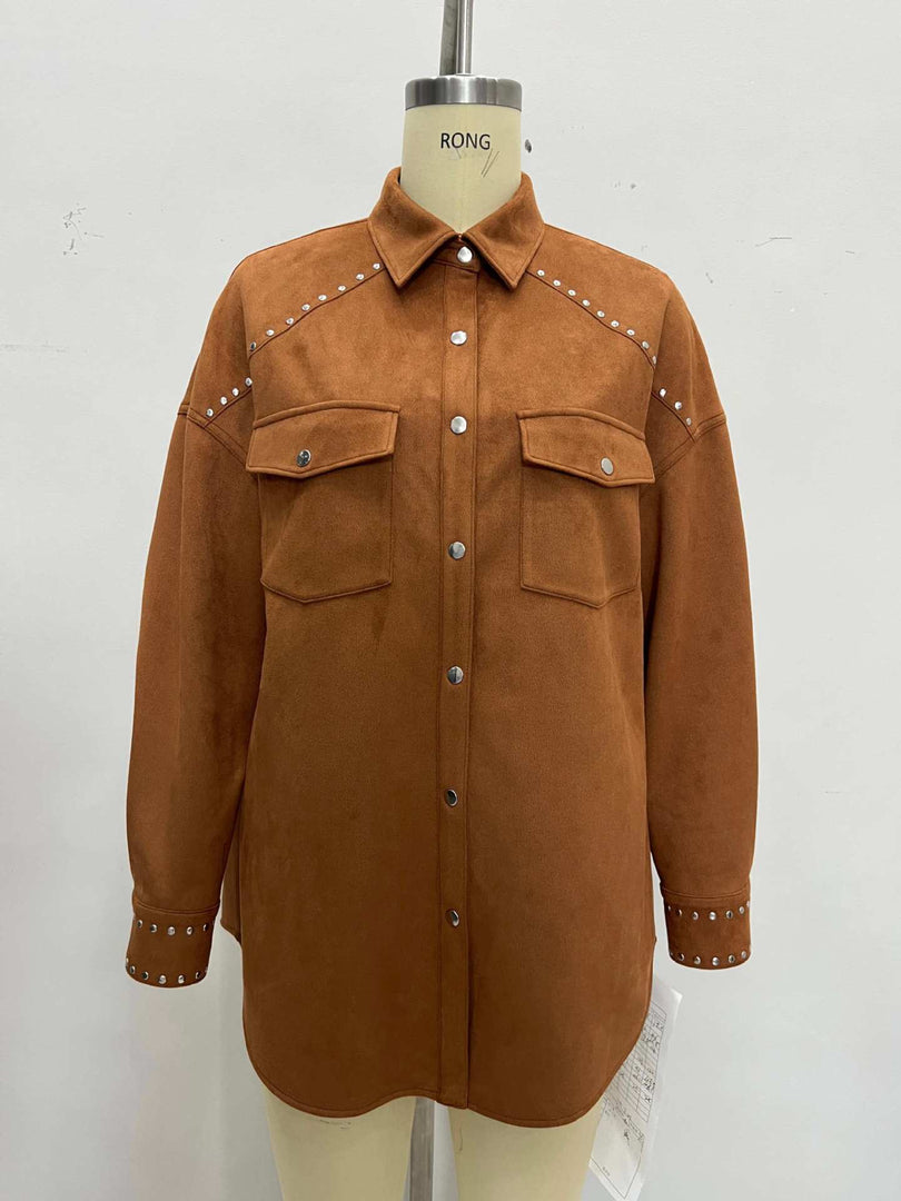 Notch Lapel Rivet Loose Shirt Jacket Women N6C127