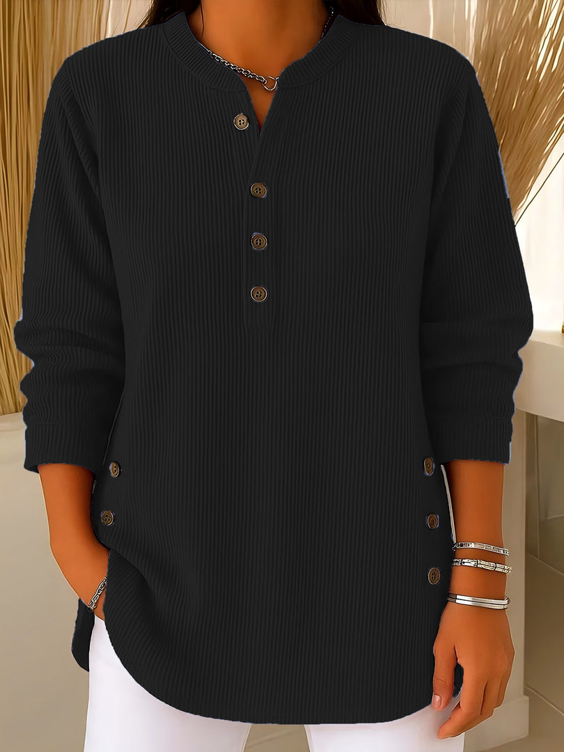 Solid Corduroy Texture V-Neck Button Down Relaxed Top N6G256
