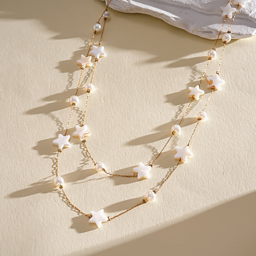 Layered Star Shell Pearl Stainless Steel Necklace Women N6H157