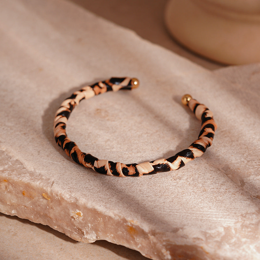Leopard Flocked Leather Bangle Geometric Open Alloy S5P255