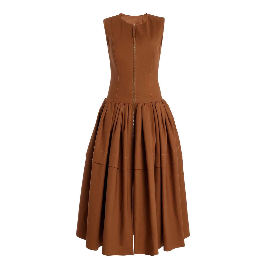 Tiered Zip Front Maxi Dress High Waist  Brown N5Z595