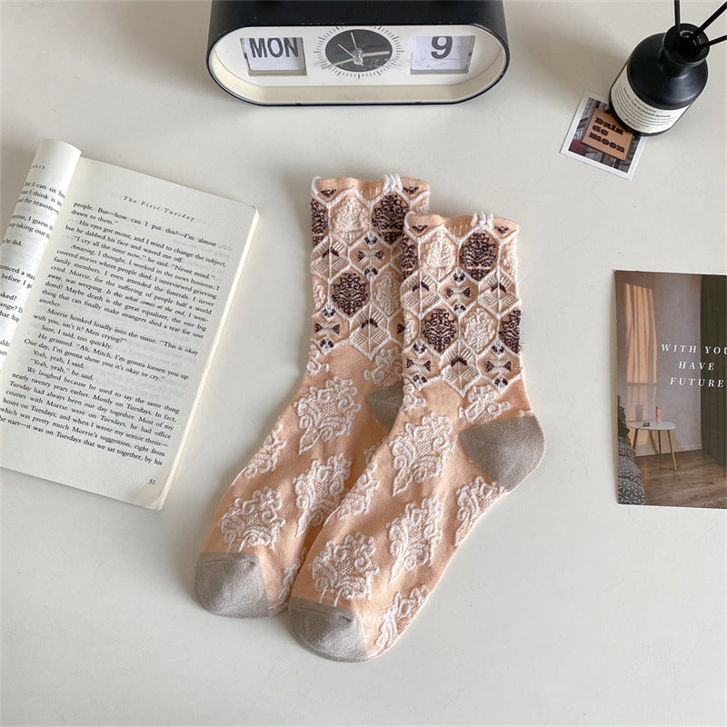 Contrast Floral Cotton Mid Calf Socks  M5A073