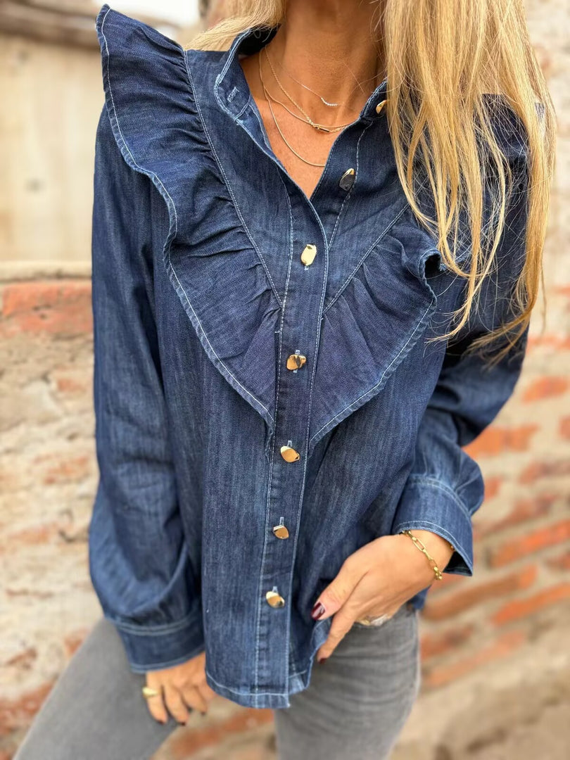 New Ruffle Trim Denim Shirt Jacket Women N6G296