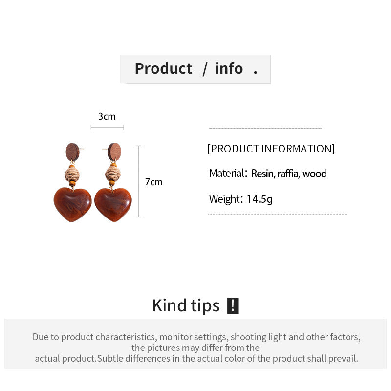 Womens Vintage Raffia Heart Resin Stud Earrings N6K171