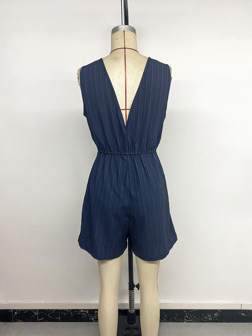 Sleeveless V Neck Textured Tie-Waist Jumpsuit Shorts N6C259
