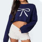 Load image into Gallery viewer, Bow Cropped Pullover Long Lightweight Navy N5Z656
