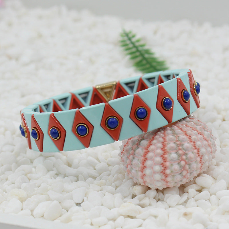 Evil Eye Enamel Bracelet Elastic  Boho Stove Enameled S5P048