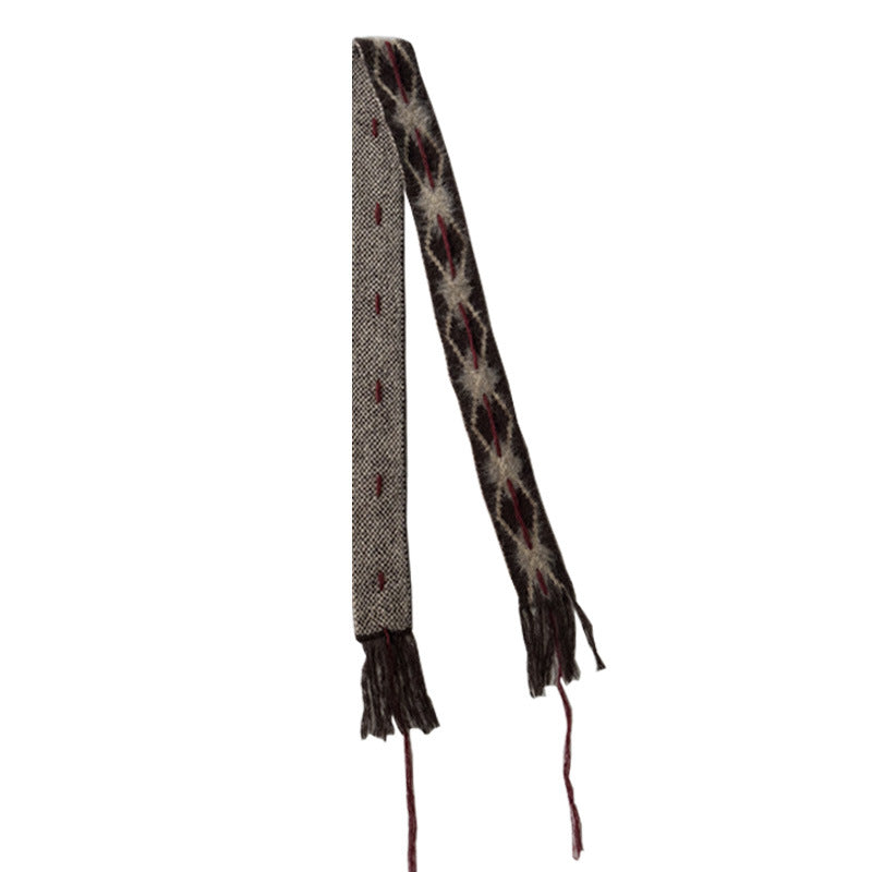 Hand-Threaded Diamond Knit Skinny Scarf Brushed Coffee N6H225