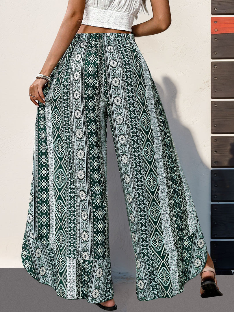 Boho Print Asymmetric Slit Wide Leg Pants Women N6C241
