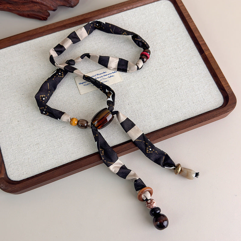 Womens Brown Leopard Print Beaded Scarf Necklace N6K278