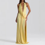 Load image into Gallery viewer, Deep V Tie Halter Dress Lightweight Buttercup N5Z833
