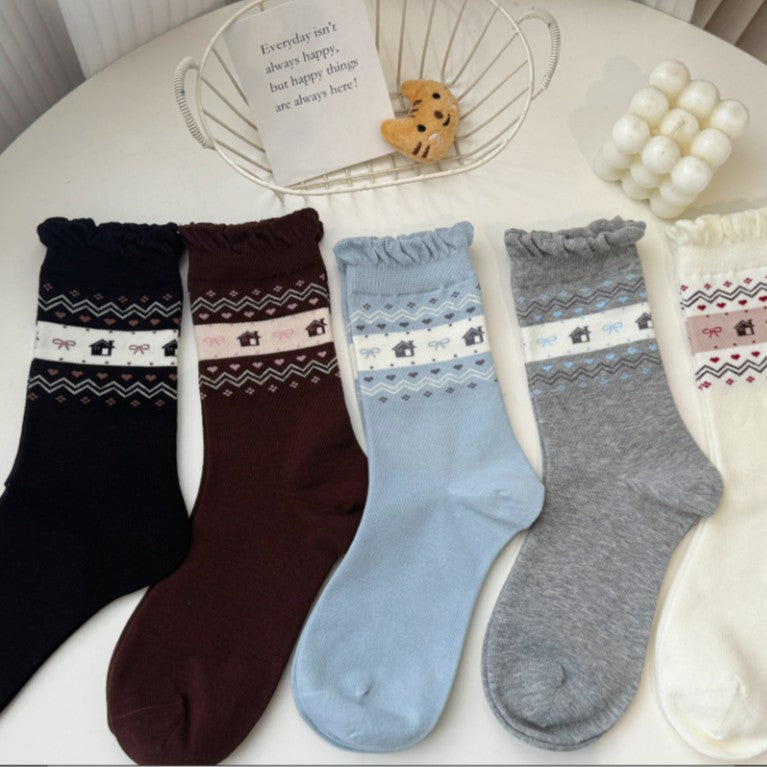 Combed Cotton Mid-Calf Socks Heart Pattern M5A018
