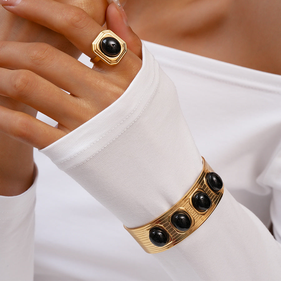 Ellipse Ring Bracelet Set Steel Gold Plated Vintage S5P178
