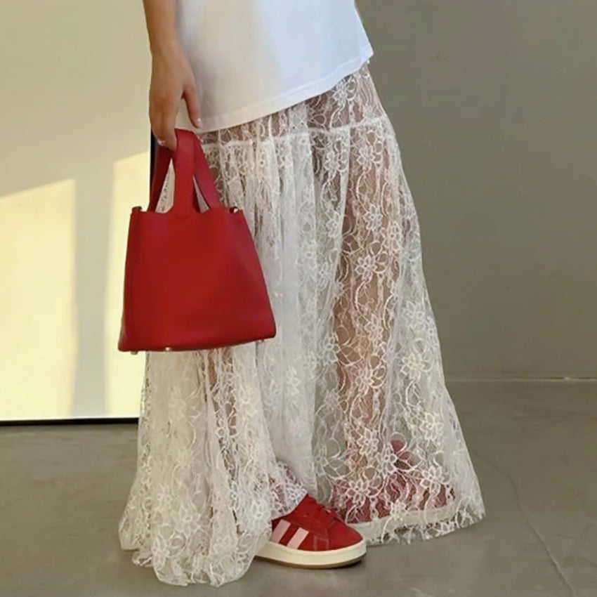 Jacquard Sheer Lace High Waist A-line Skirt Women N6D011