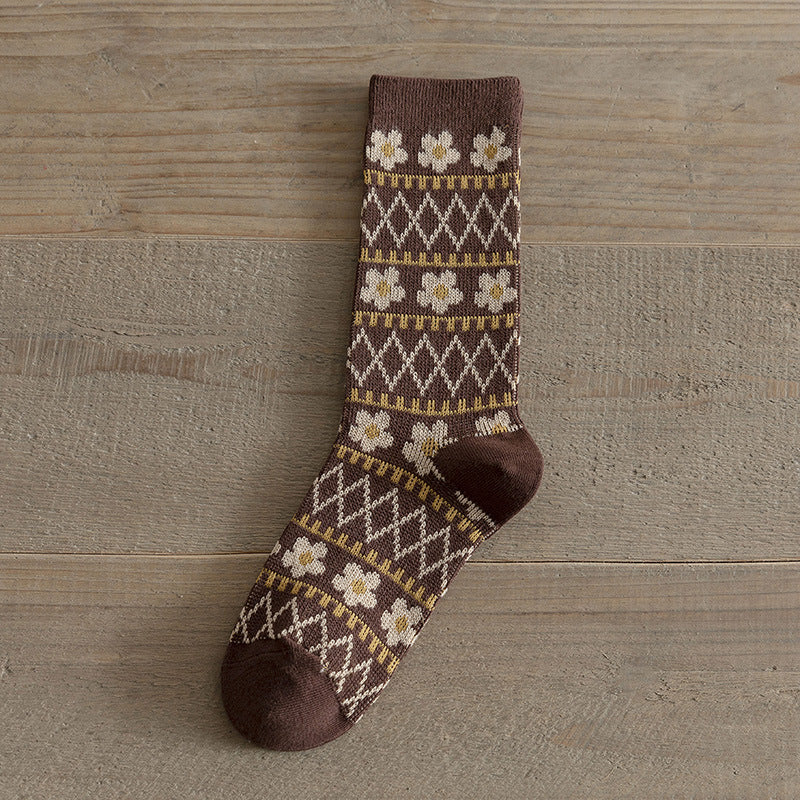 Vintage Double Needle Mid-Calf Socks Warm Cotton N6H028