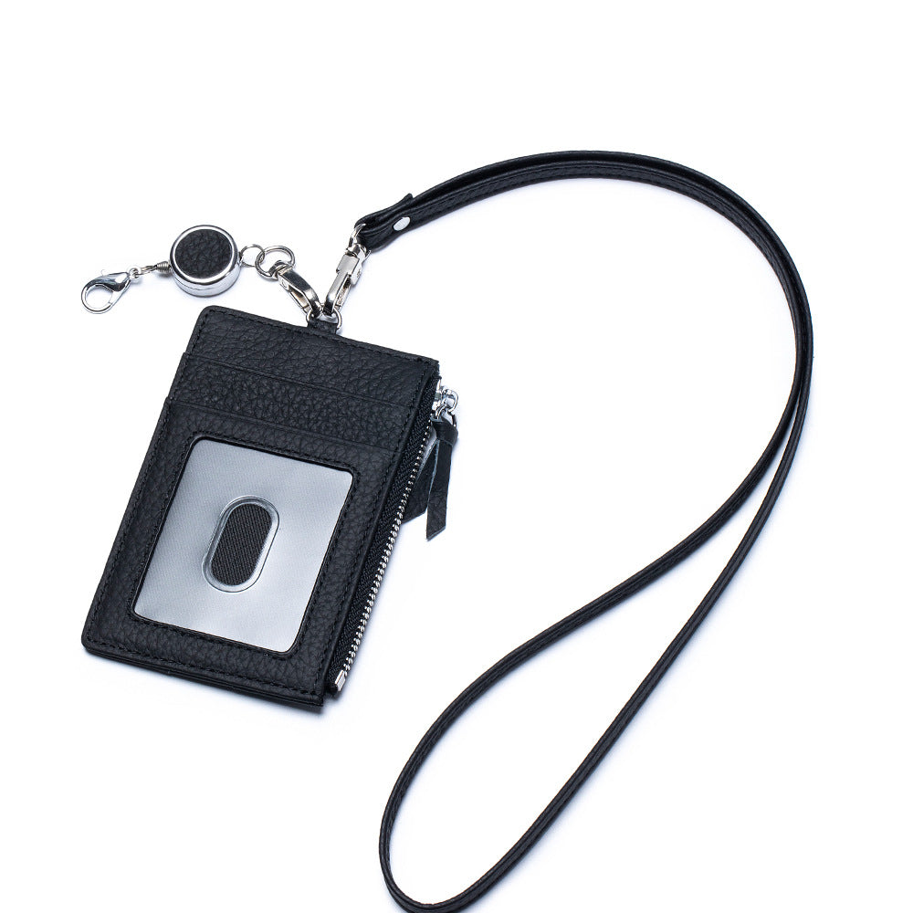 Genuine Leather Retractable Neck ID Card Holder N6D026
