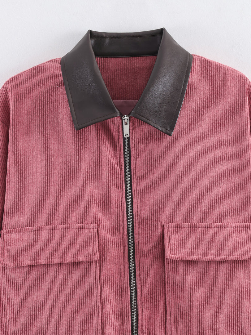 Corduroy Blend Leather Collar Jacket Women N6C138