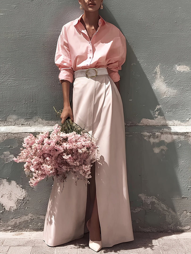 Pink High Slit Shirt and Skirt Set Women N6C183