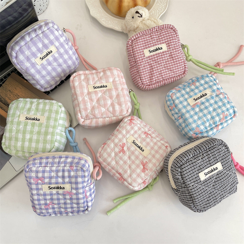 Padded Plaid Corduroy Pouch Women Multi purpose S5P870