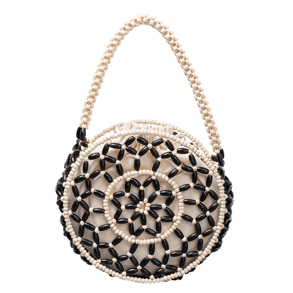 Hand Woven Wooden Bead Circle Bag Drawstring Closure S5P370