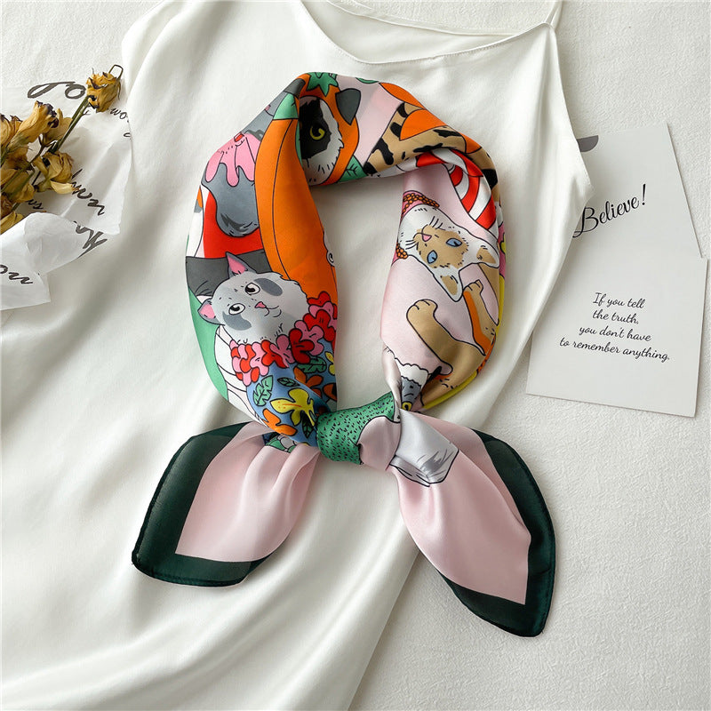 Cat Print Faux Silk Square Scarf  M5A240