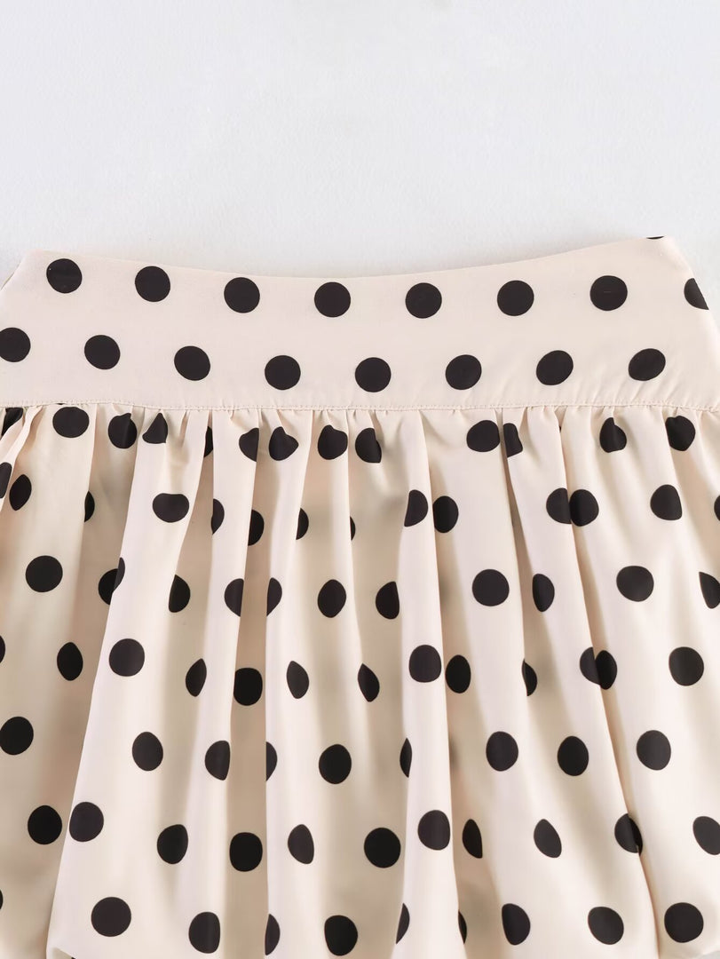 Khaki Pleated Polka Dot Bubble Hem Skirt Women N6D122