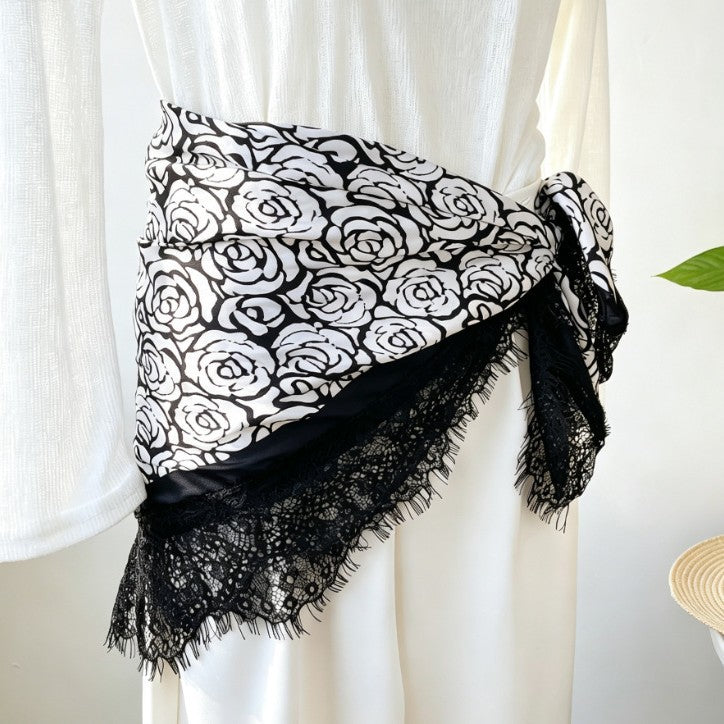 Vintage Lace Trim Satin Square Scarf 70cm Women N6H121