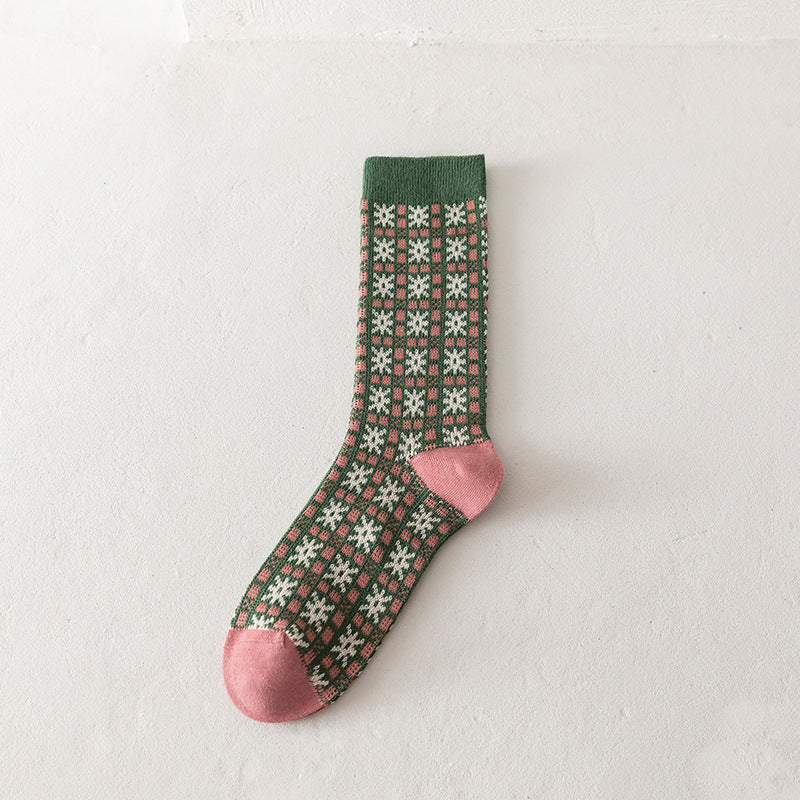 Double Needle Knit Mid-Calf Socks Women Cotton N6H022